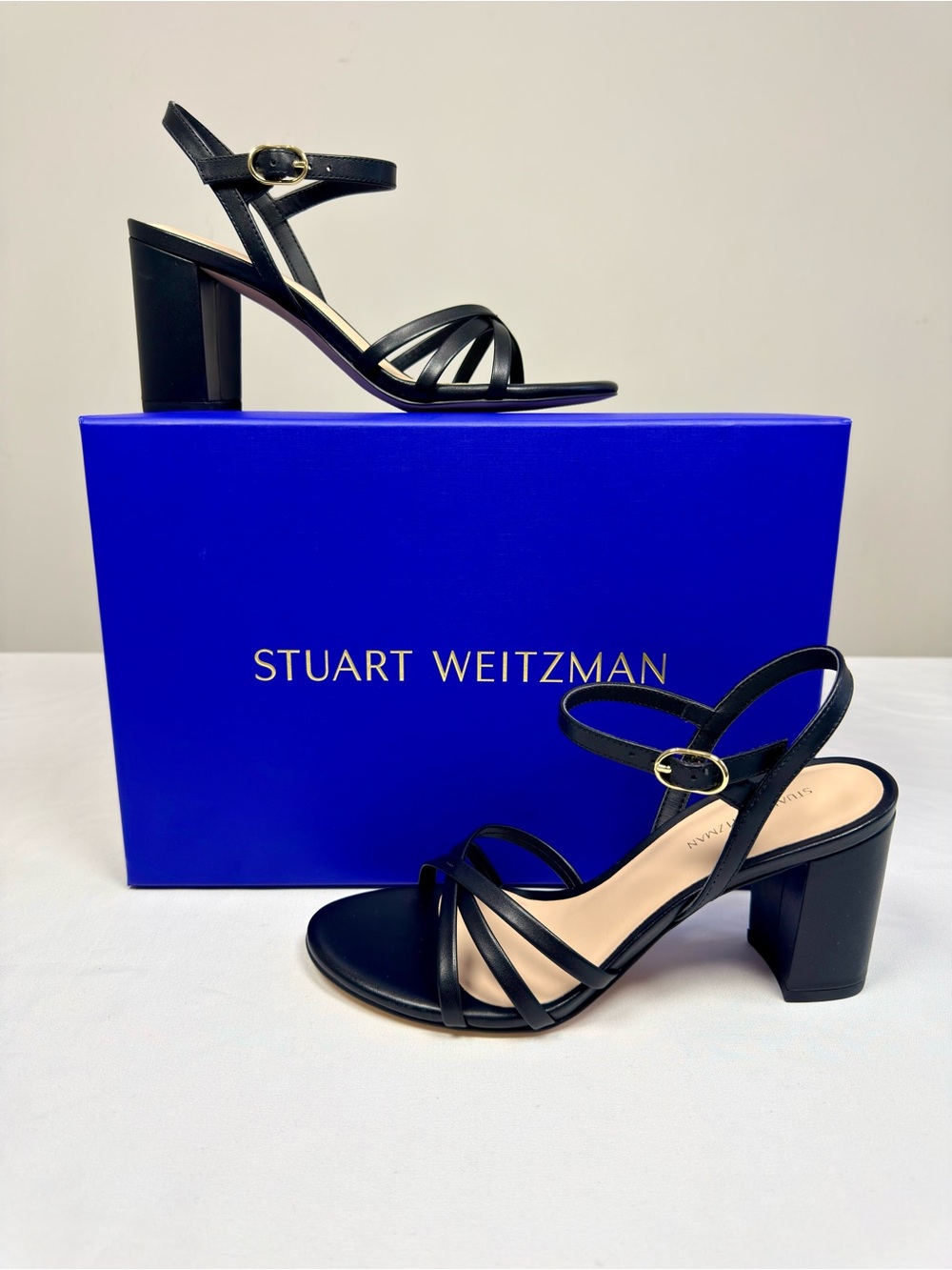 Stuart Weitzman 75MM Starla Leather Block Heel Sandals - Black Size 6.5